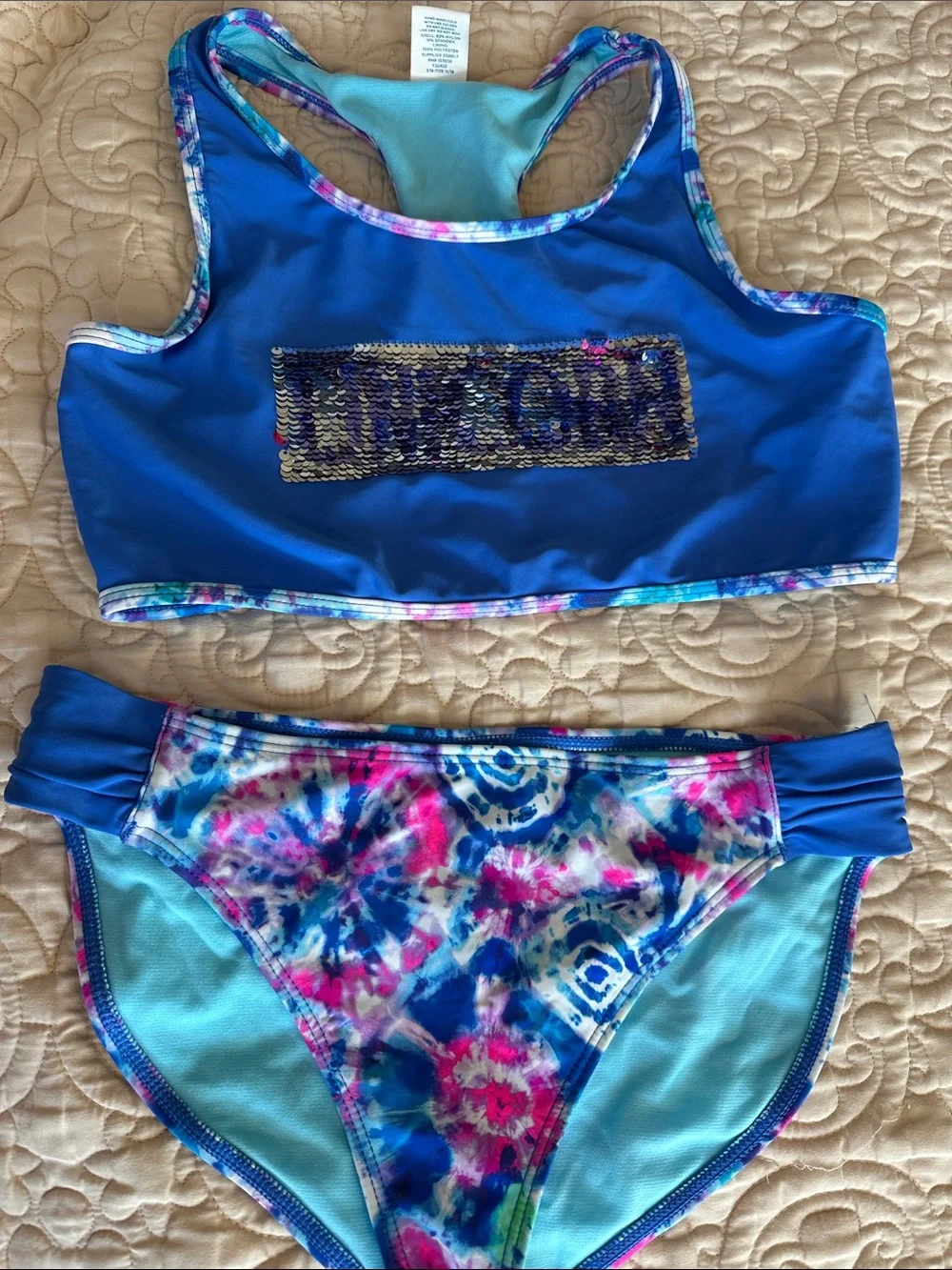 Arizona Jean Company Girls Blue Two-Piece Bikini with Pink Sequin 